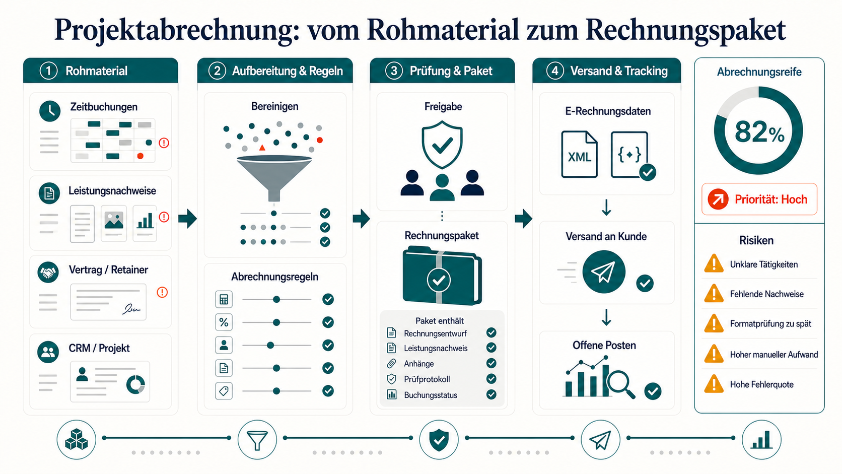 Projektabrechnung von Zeitbuchungen, Leistungsnachweisen, Vertragsregeln und CRM-Daten bis zu Rechnungspaket, E-Rechnungsdaten, Kundenversand und offenen Posten.