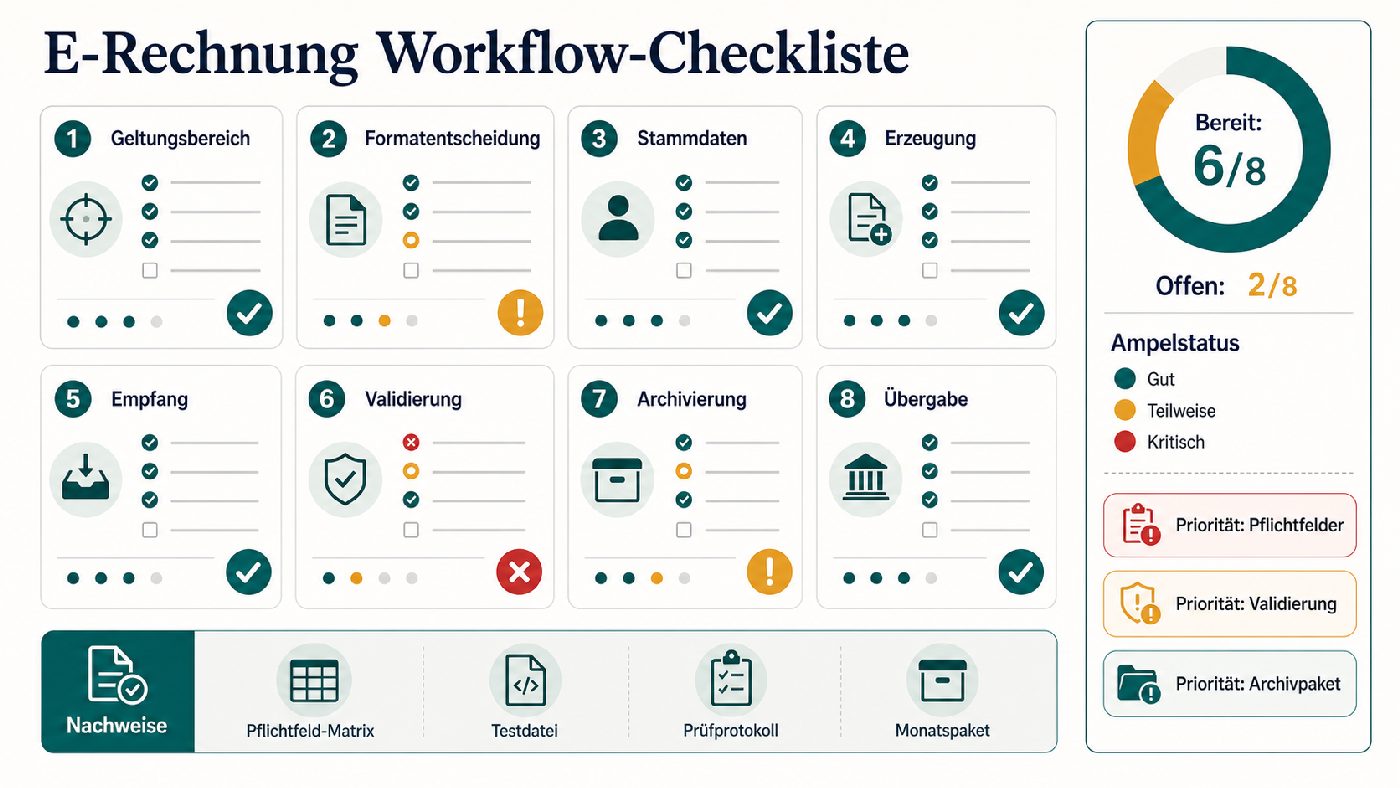E-Rechnung Workflow-Checkliste mit acht Prüfbereichen, Ampelstatus, Prioritäten und Nachweisen.