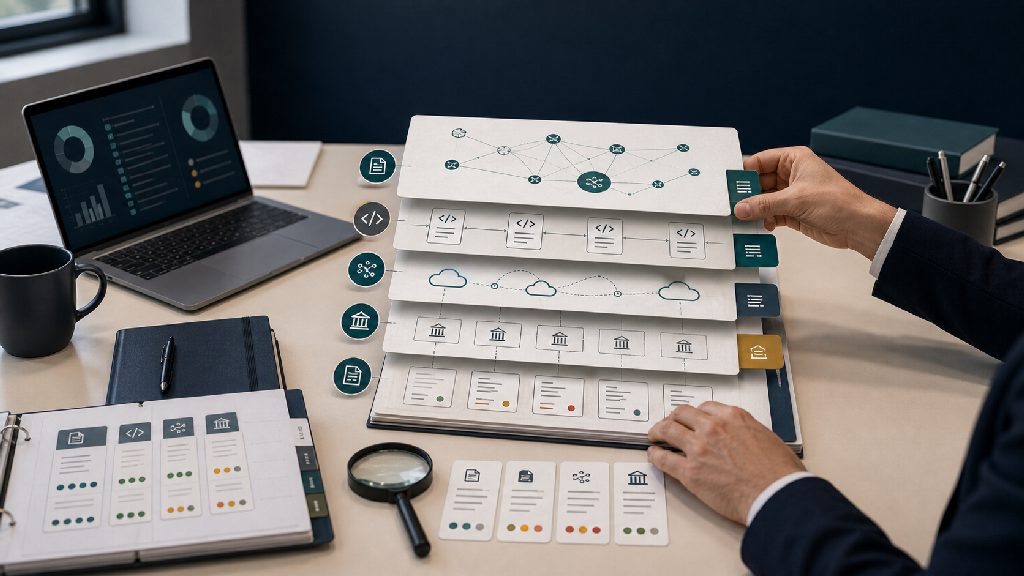 Europäischer E-Rechnungsformat-Atlas auf einem Arbeitstisch mit Länder-, Netzwerk- und Syntaxebenen.