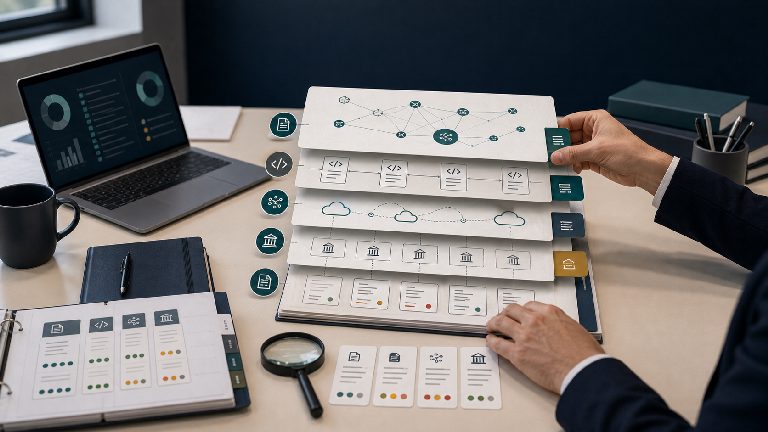 Europäischer E-Rechnungsformat-Atlas auf einem Arbeitstisch mit Länder-, Netzwerk- und Syntaxebenen.