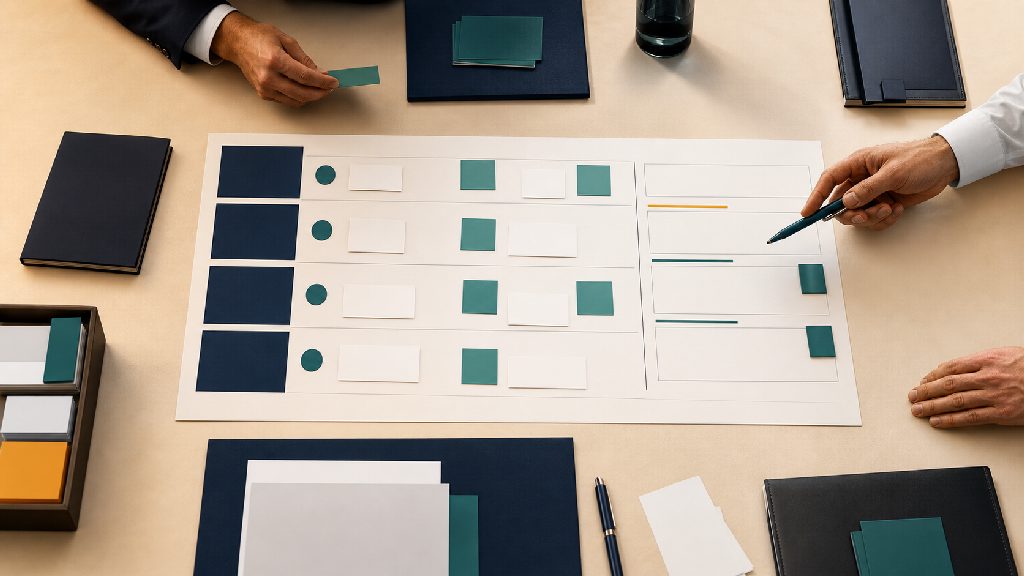 Draufsicht auf einen Management-Workshop mit strukturiertem Planungsblatt für vier digitale Regulierungsthemen.