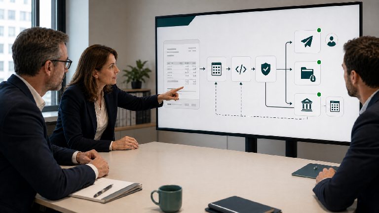 Deutsche Finance-Workflow-Szene mit strukturierter Rechnung, Prozessanzeige, Freigabestatus und E-Rechnungsübergabe.