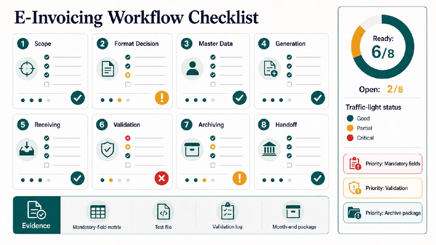 E-invoicing workflow checklist with eight review domains, traffic-light status, priorities and evidence.