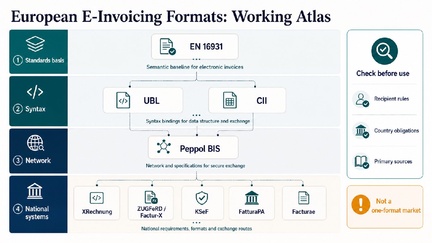 Working atlas for European e-invoicing formats including EN 16931, UBL, CII, Peppol BIS, XRechnung, ZUGFeRD, Factur-X, KSeF, FatturaPA and Facturae.