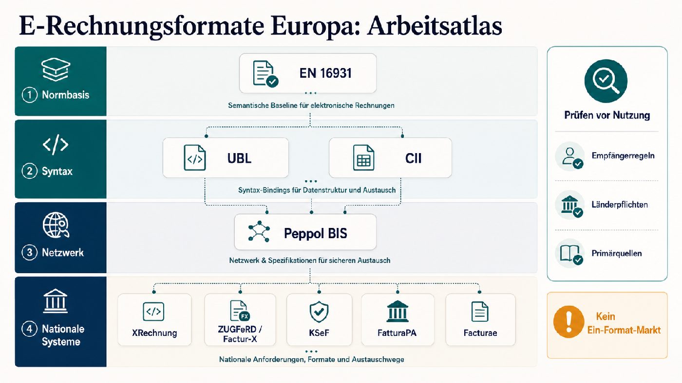 Arbeitsatlas für europäische E-Rechnungsformate mit EN 16931, UBL, CII, Peppol BIS, XRechnung, ZUGFeRD, Factur-X, KSeF, FatturaPA und Facturae.