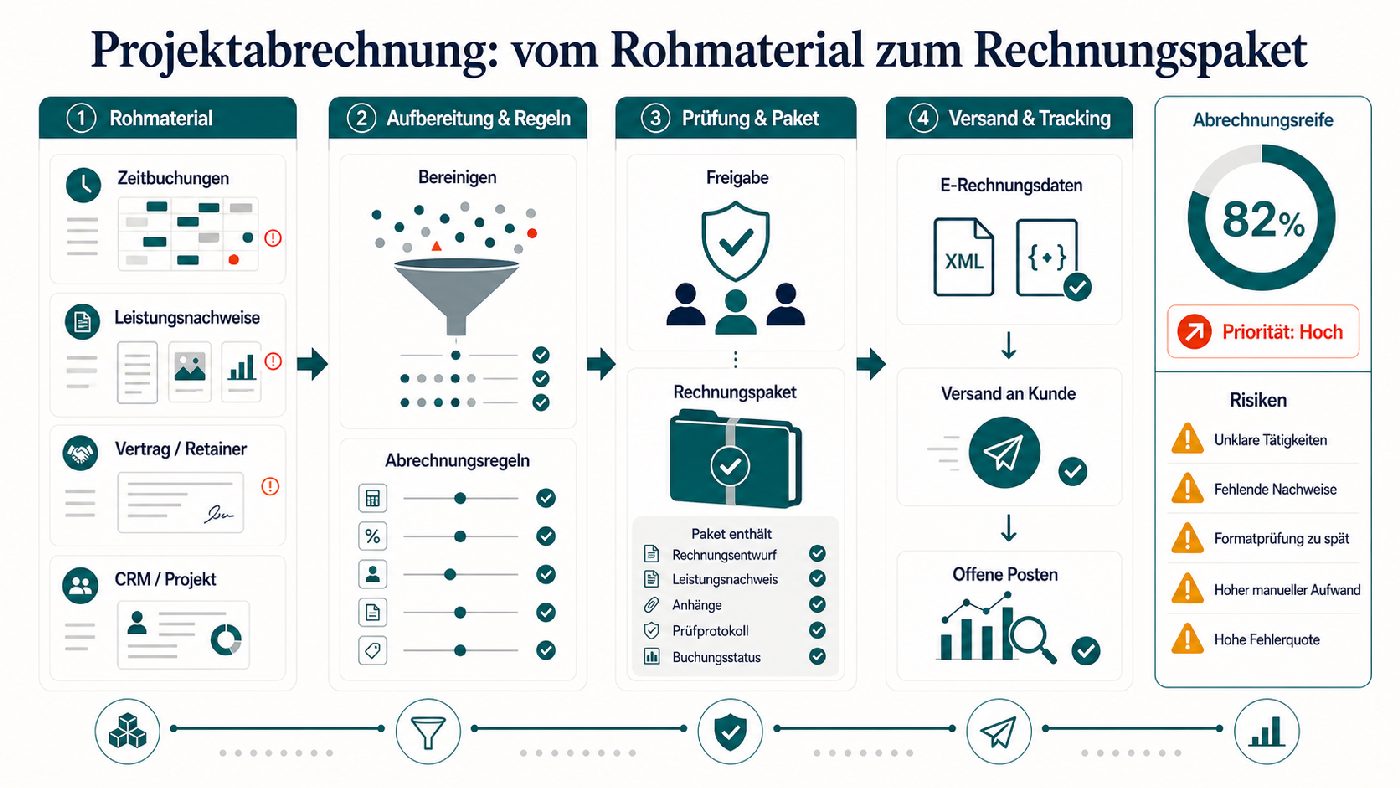 Projektabrechnung von Zeitbuchungen, Leistungsnachweisen, Vertragsregeln und CRM-Daten bis zu Rechnungspaket, E-Rechnungsdaten, Kundenversand und offenen Posten.