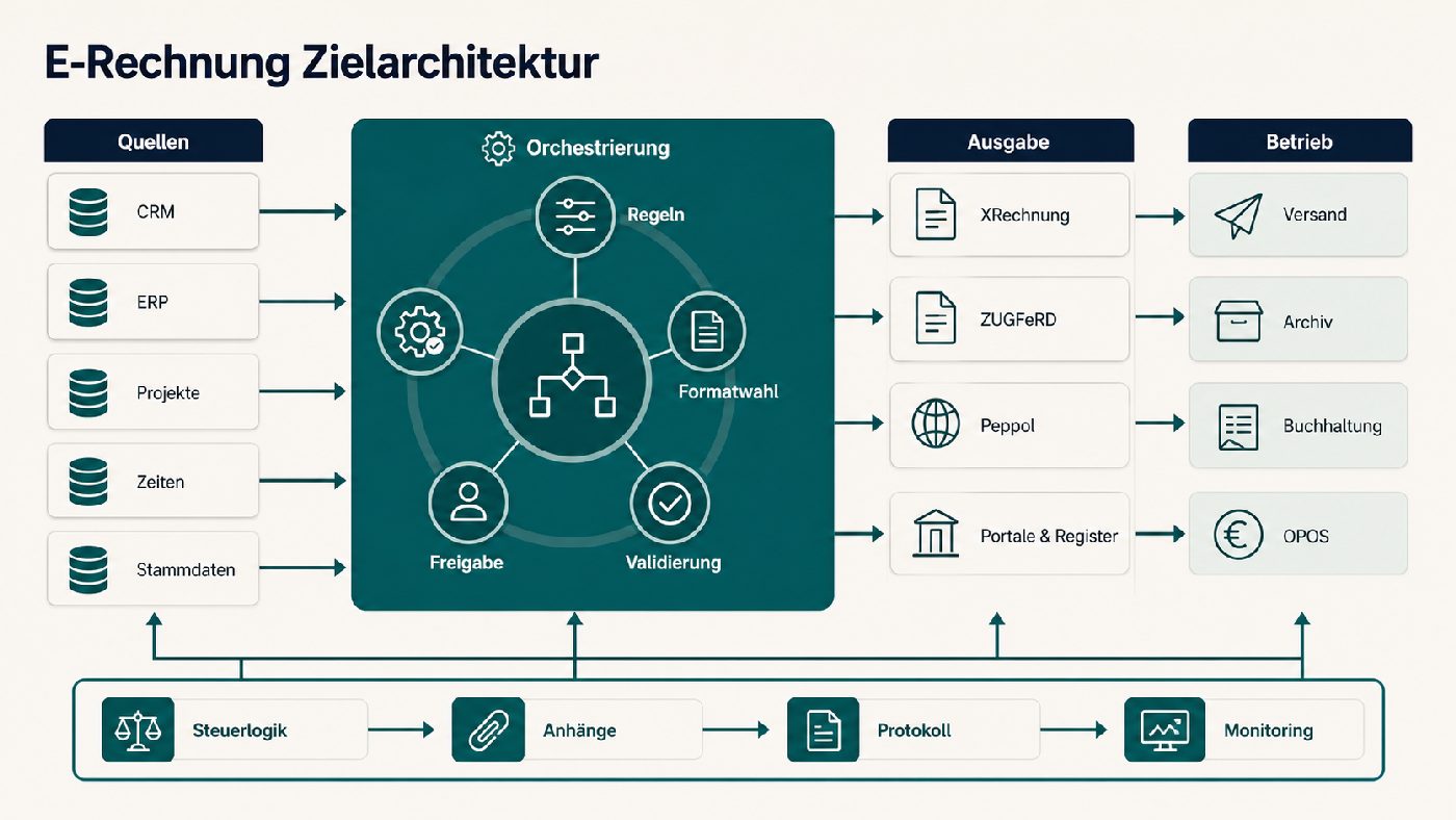 Zielarchitektur für E-Rechnung Automatisierung mit Quellen, Orchestrierung, Ausgabe, Betrieb und Kontrollschiene.