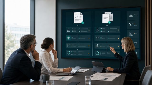 Formatentscheidungs-Workshop mit zwei E-Rechnungspfaden, Empfängeranforderungen, Validierung und Archivhinweisen auf einem Bildschirm.