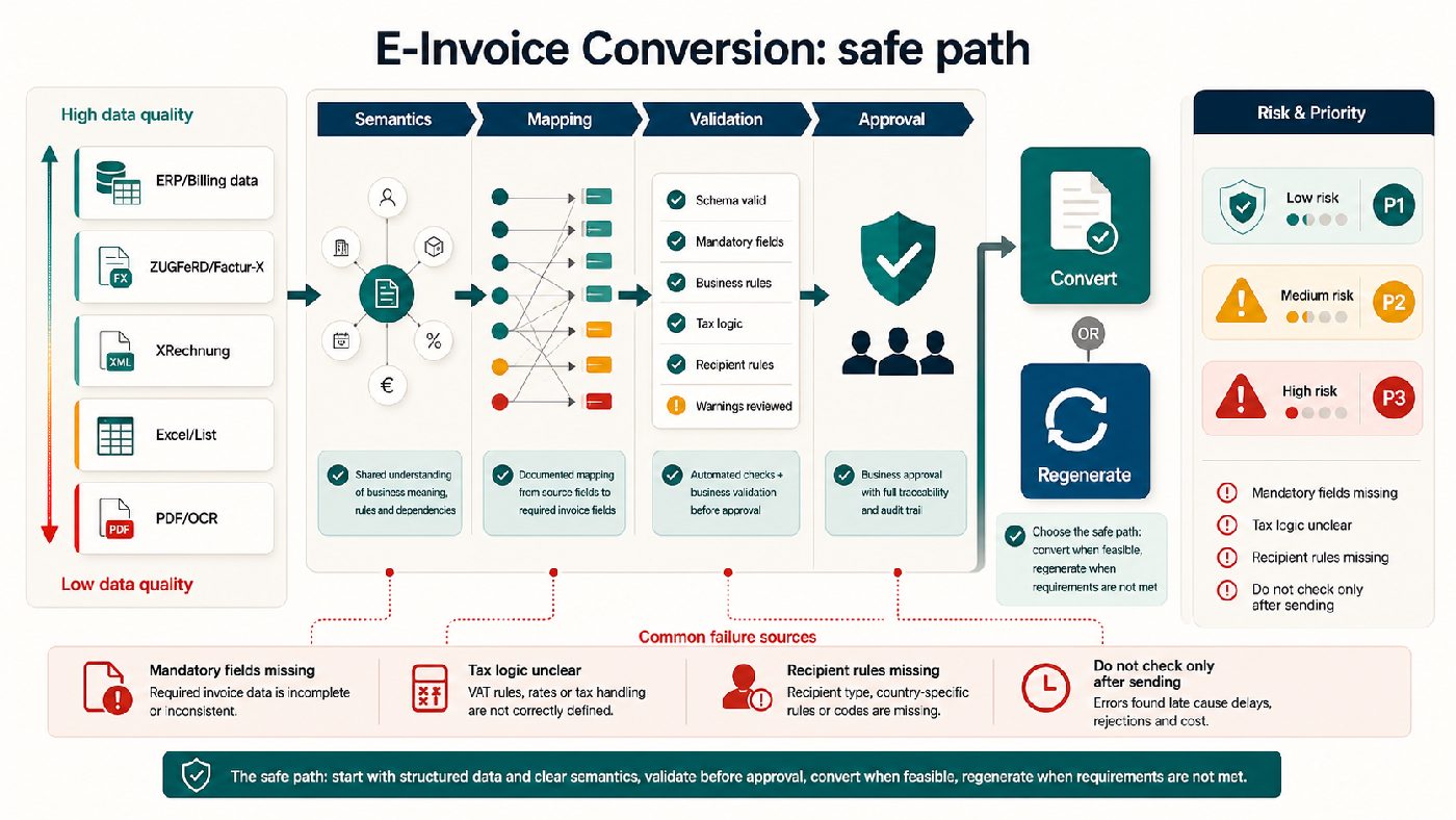 Infographic on safe e-invoice conversion from ERP data, ZUGFeRD, XRechnung, Excel or PDF through semantics, mapping, validation and approval.