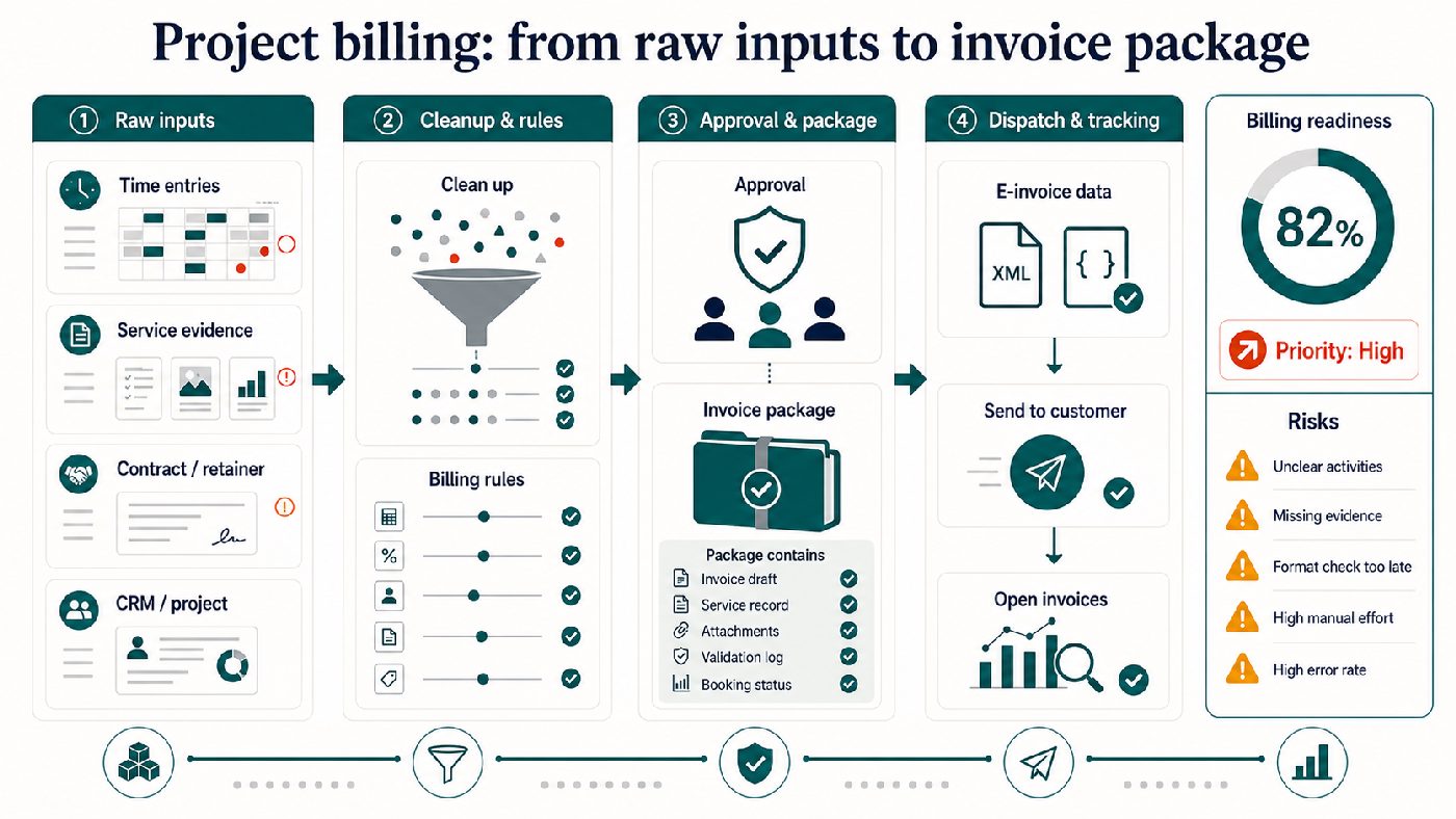 Project billing from time entries, service evidence, contract rules and CRM data to invoice package, e-invoice data, customer dispatch and open-item tracking.