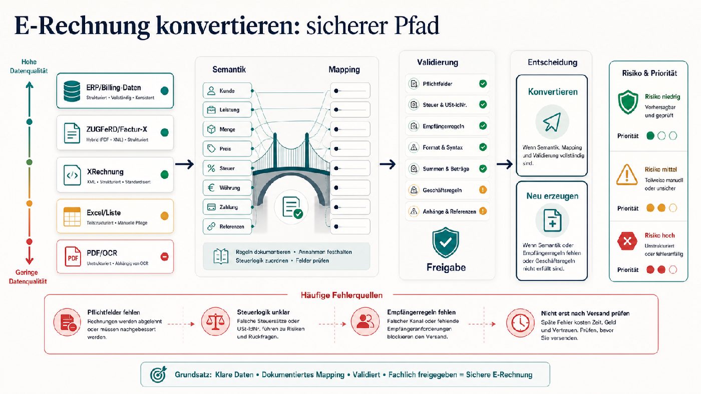 Infografik zur sicheren E-Rechnungs-Konvertierung von ERP-Daten, ZUGFeRD, XRechnung, Excel oder PDF über Semantik, Mapping, Validierung und Freigabe.