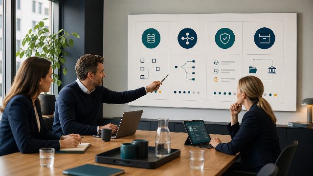 Finance- und Operations-Team prüft eine E-Rechnung Readiness-Tafel mit Datenquellen, Formatpfad, Validierung und Archiv.