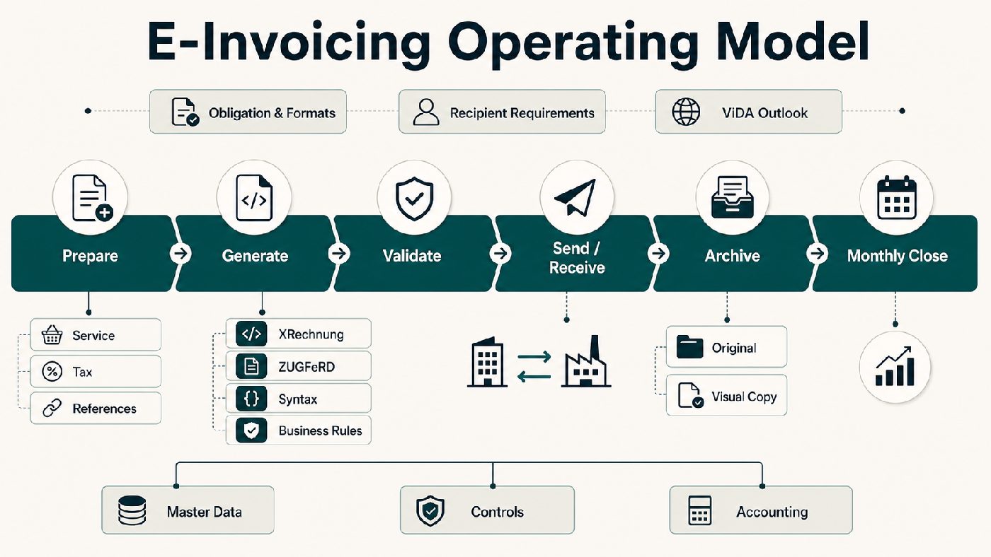 Operating model for German e-invoicing with obligations, formats, recipient requirements, generation, validation, sending, receiving, archive and monthly close.