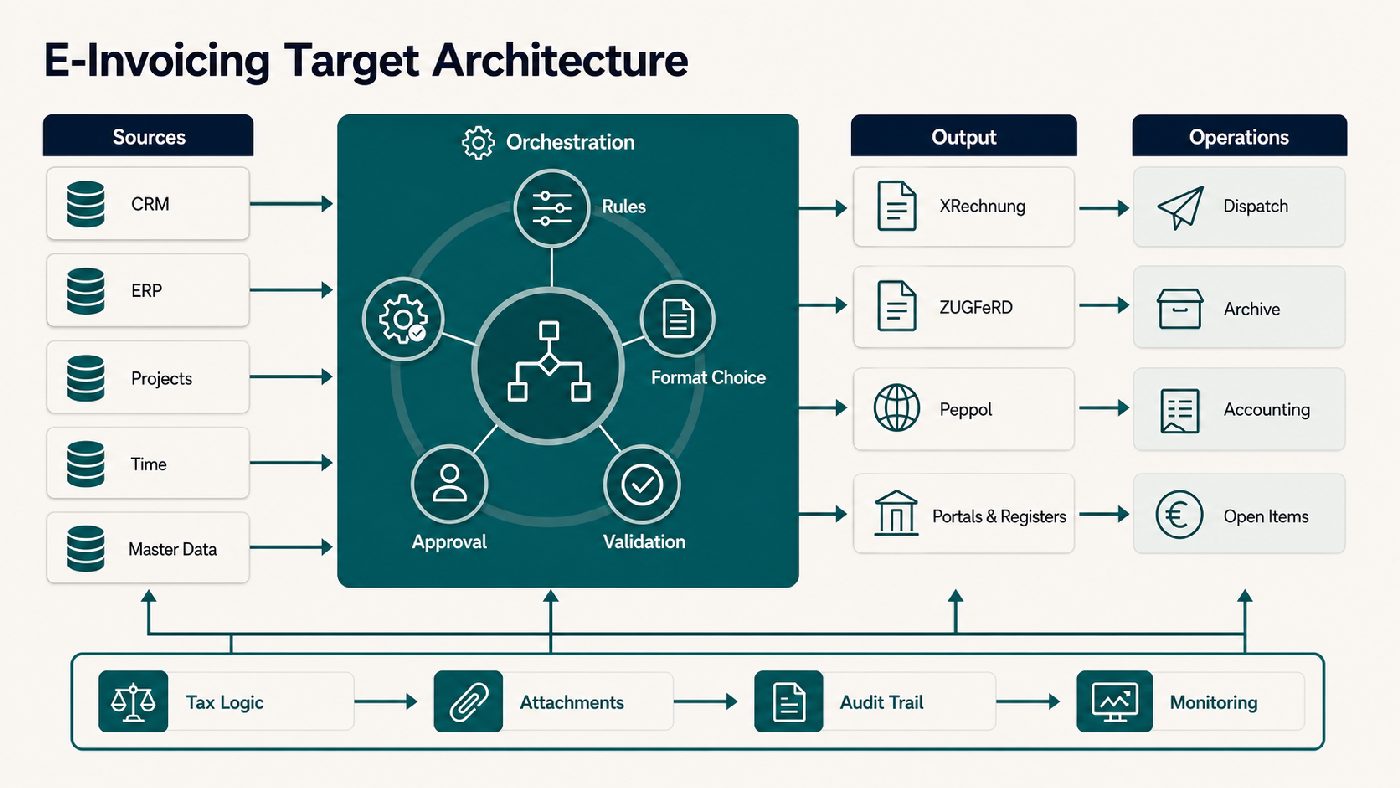 Target architecture for e-invoicing automation with source systems, orchestration, formats, operations and controls.