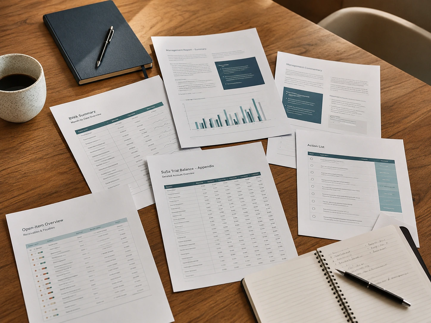 Beispielpaket aus BWA, SuSa, OP-Liste und Management-Kommentar.