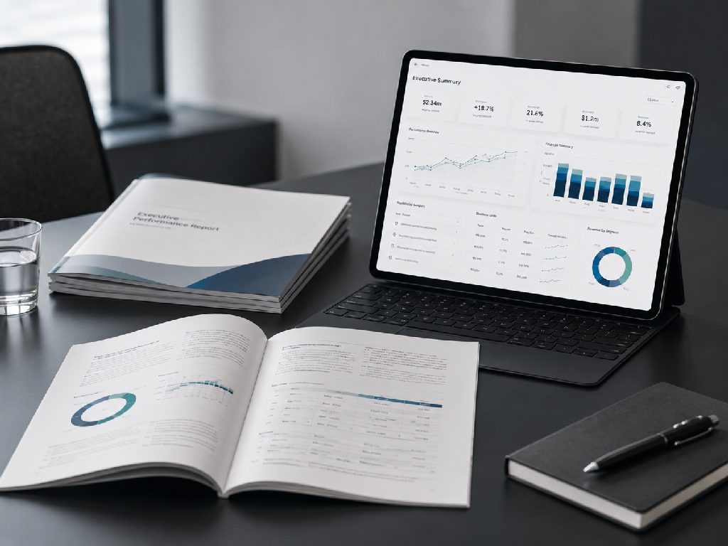 Automatisierter Executive PDF-Report mit Management Dashboard auf einem modernen Arbeitsplatz