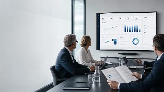 Führungsteam bespricht Management Dashboard und PDF-Report in einem modernen Konferenzraum