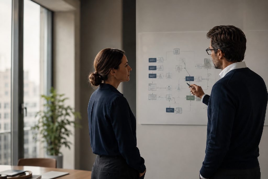Beratungsgespräch zu Datenschutz und Datenflüssen in einem modernen Büro.