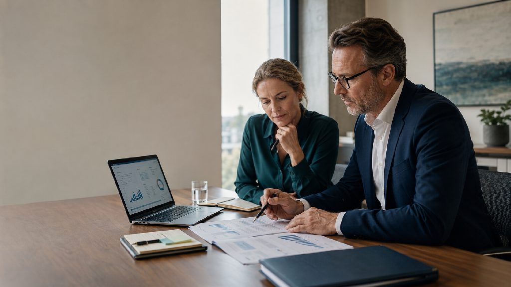 Managing director and CFO reviewing BWA figures, reports and a financial dashboard.