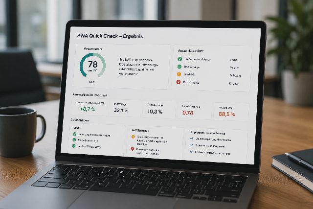 Beispielhafte Oberfläche eines BWA Quick Checks mit Score und Kennzahlen.