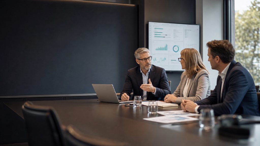 Beratungsgespräch mit Führungsteam und Management-Dashboard in einem modernen Besprechungsraum