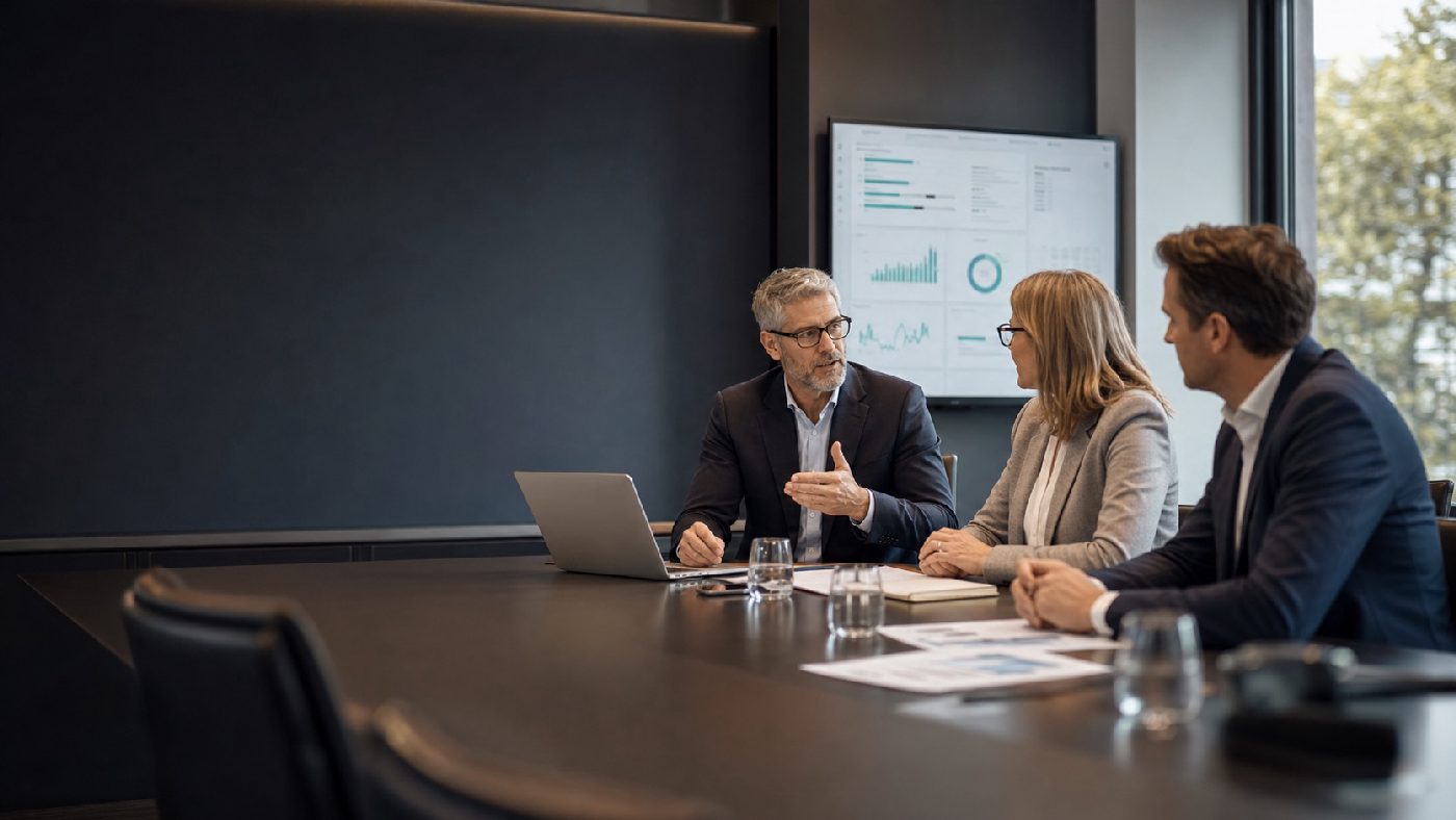 Beratungsgespräch mit Führungsteam und Management-Dashboard in einem modernen Besprechungsraum