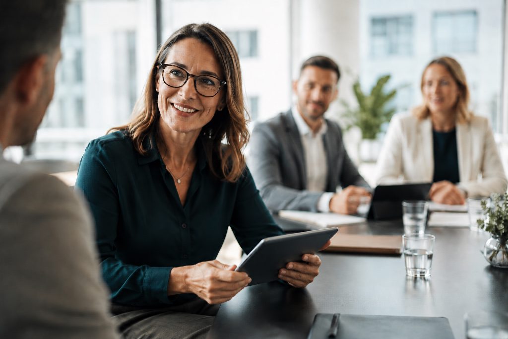 Beraterin führt ein freundliches Gespräch mit Mandanten in einem hellen Besprechungsraum.