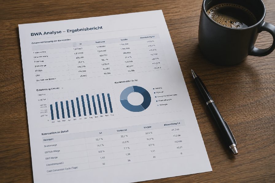 Preview of a BWA analysis report with KPIs and red flags.