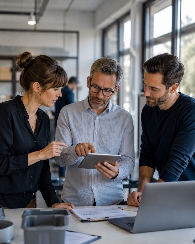Führungsteam bespricht ein Management-Reporting an einem Laptop.