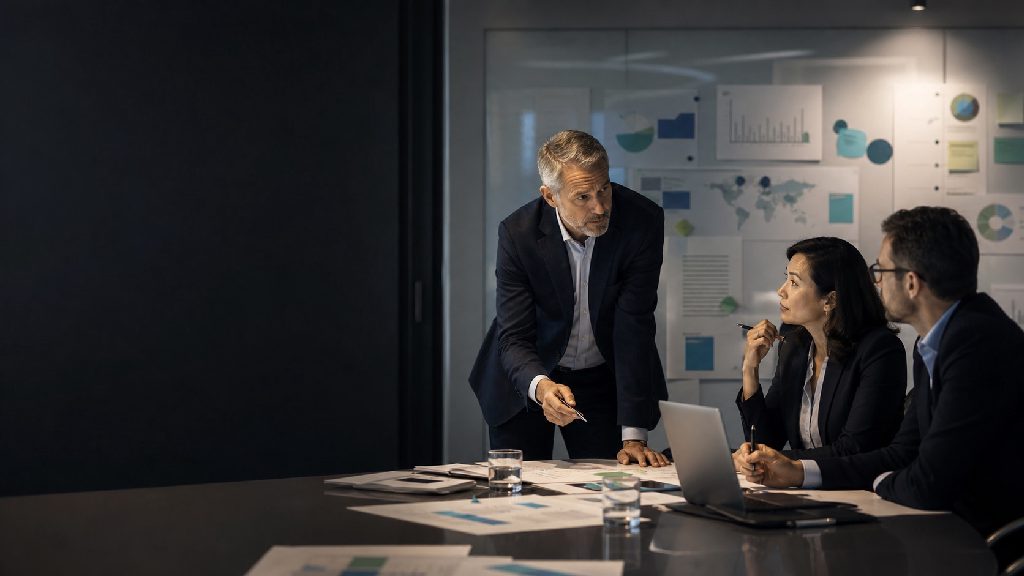 Strategiegespräch mit Führungsteam, Marktanalyse und Priorisierung im Besprechungsraum