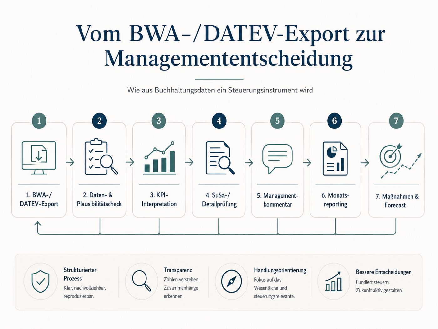 Vom BWA- und DATEV-Export zur Managemententscheidung: sieben Schritte vom Plausibilitätscheck bis zu Maßnahmen und Forecast.