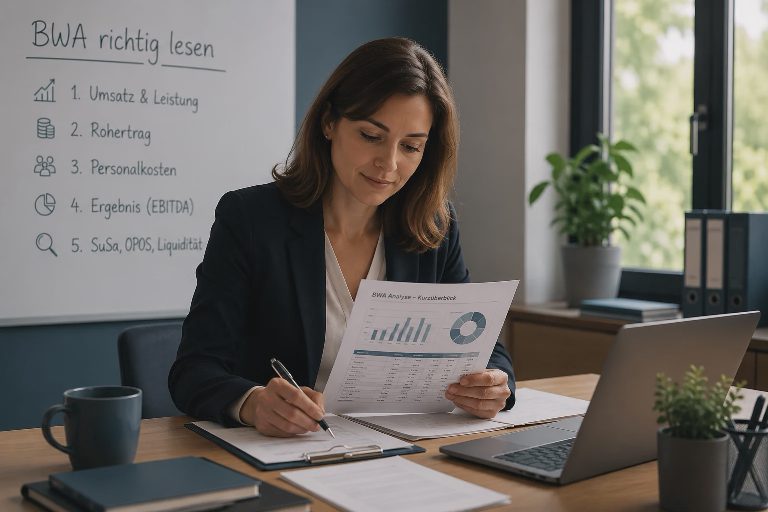 Geschäftsführerin liest eine BWA-Analyse vor einem Flipchart mit Lesereihenfolge.