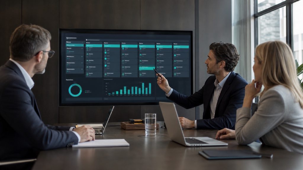 Vertriebsberatung mit Führungsteam und Pipeline-Dashboard in einem modernen Besprechungsraum