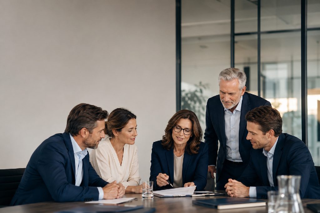 Professionelle Besprechung zu rechtlicher Verantwortung und Unternehmensunterlagen in einem modernen Büro.