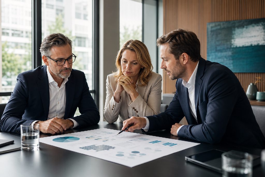 Geschäftsführung und Berater prüfen Finanzkennzahlen und Werttreiber in einem Beratungsgespräch.