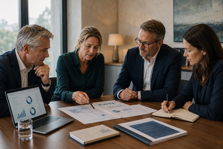 Geschäftsführung und Finance-Team besprechen eine betriebswirtschaftliche Auswertung und ein monatliches Management Reporting.