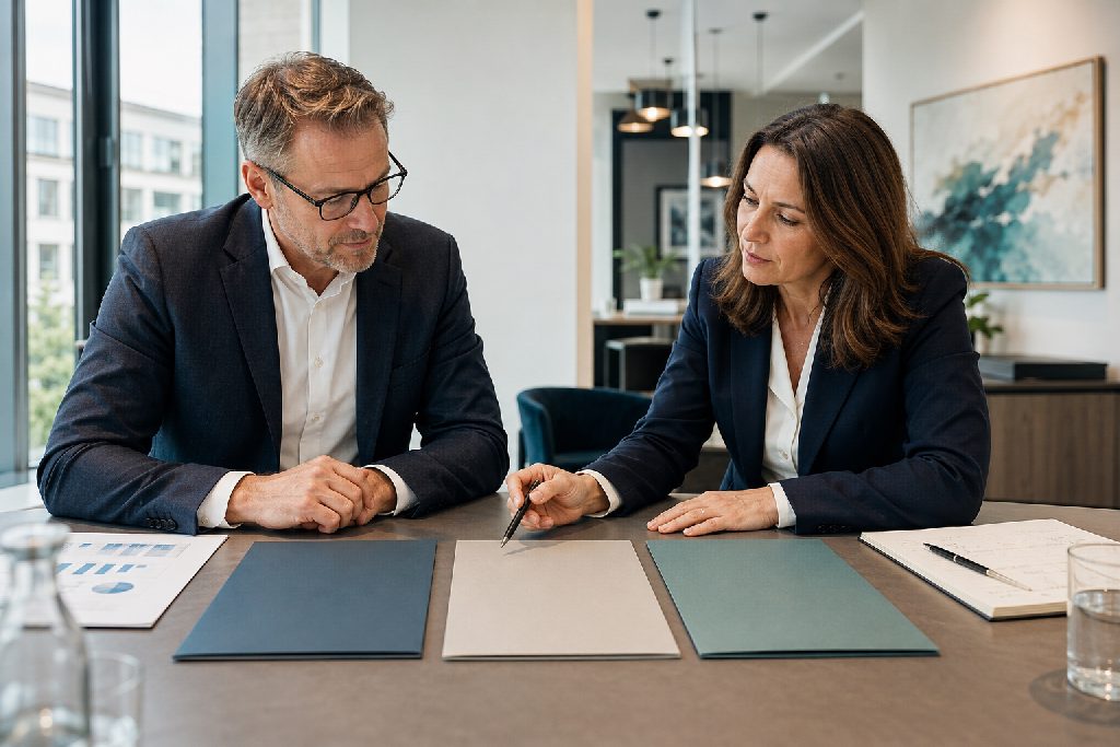 Unternehmer und Berater vergleichen verschiedene Käuferoptionen in einem vertraulichen M&A-Gespräch.