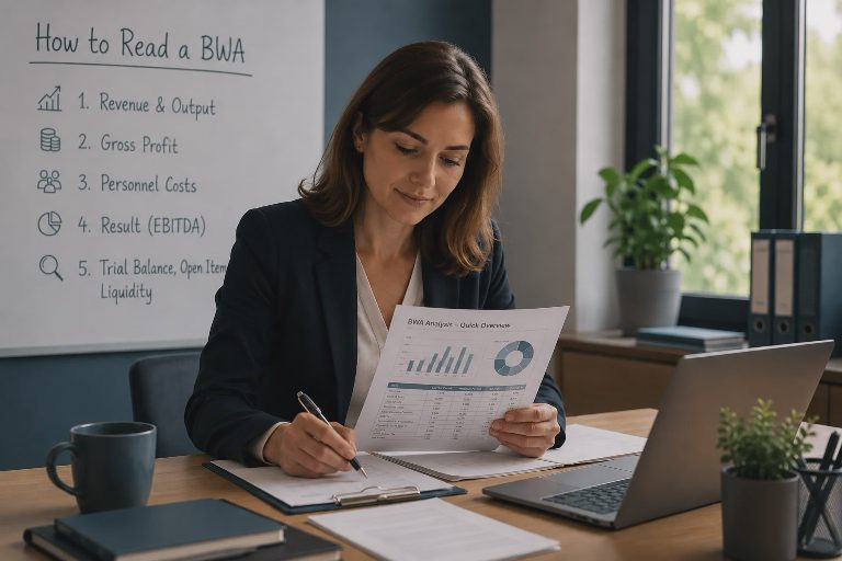 Managing director reading a BWA analysis in front of a flip chart showing the English BWA reading sequence.