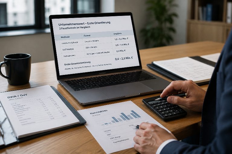 Laptop mit Unternehmenswert-Rechner, BWA-Unterlagen und Finanzkennzahlen auf einem Schreibtisch