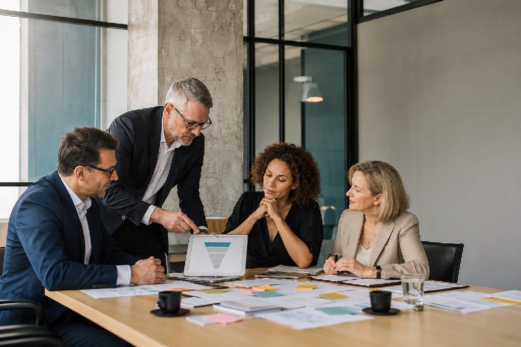 Führungsteam und Berater entwickeln eine Vertriebsstrategie in einem modernen Workshop.