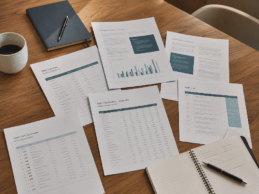 Example package with BWA, trial balance, open-item list and management commentary.