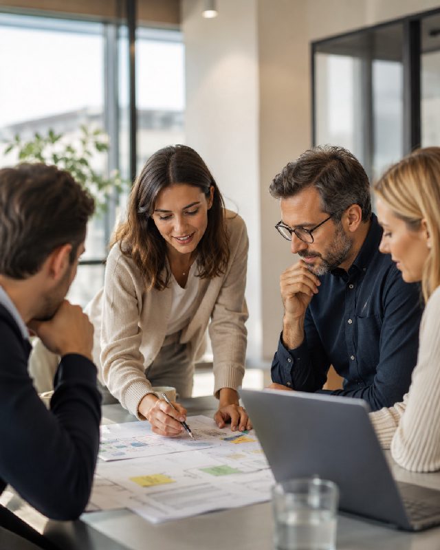 Team prüft einen operativen Workflow auf einem Tablet.
