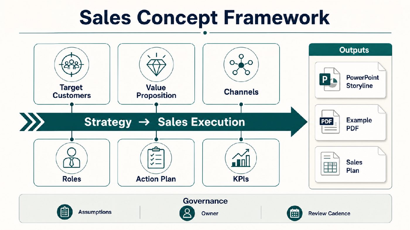 Sales concept framework linking target customers and value proposition to action plan, KPIs and governance.