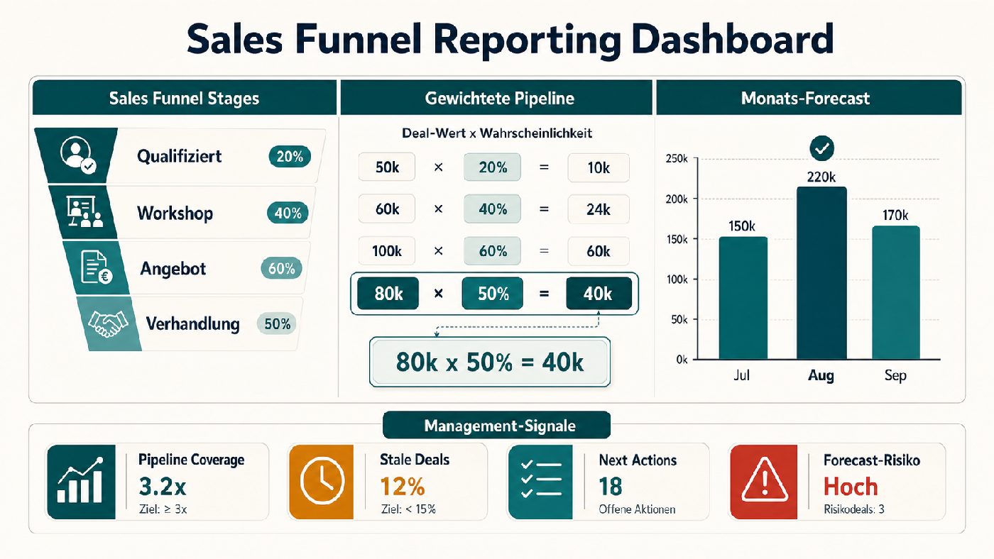 Sales-Funnel-Reporting-Dashboard mit Phasen, gewichteter Pipeline, Monatsforecast und Management-Signalen.