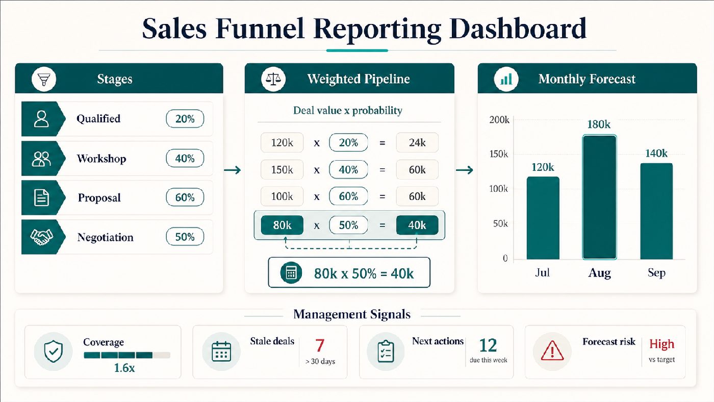 Sales funnel reporting dashboard showing stages, weighted pipeline, monthly forecast and management signals.