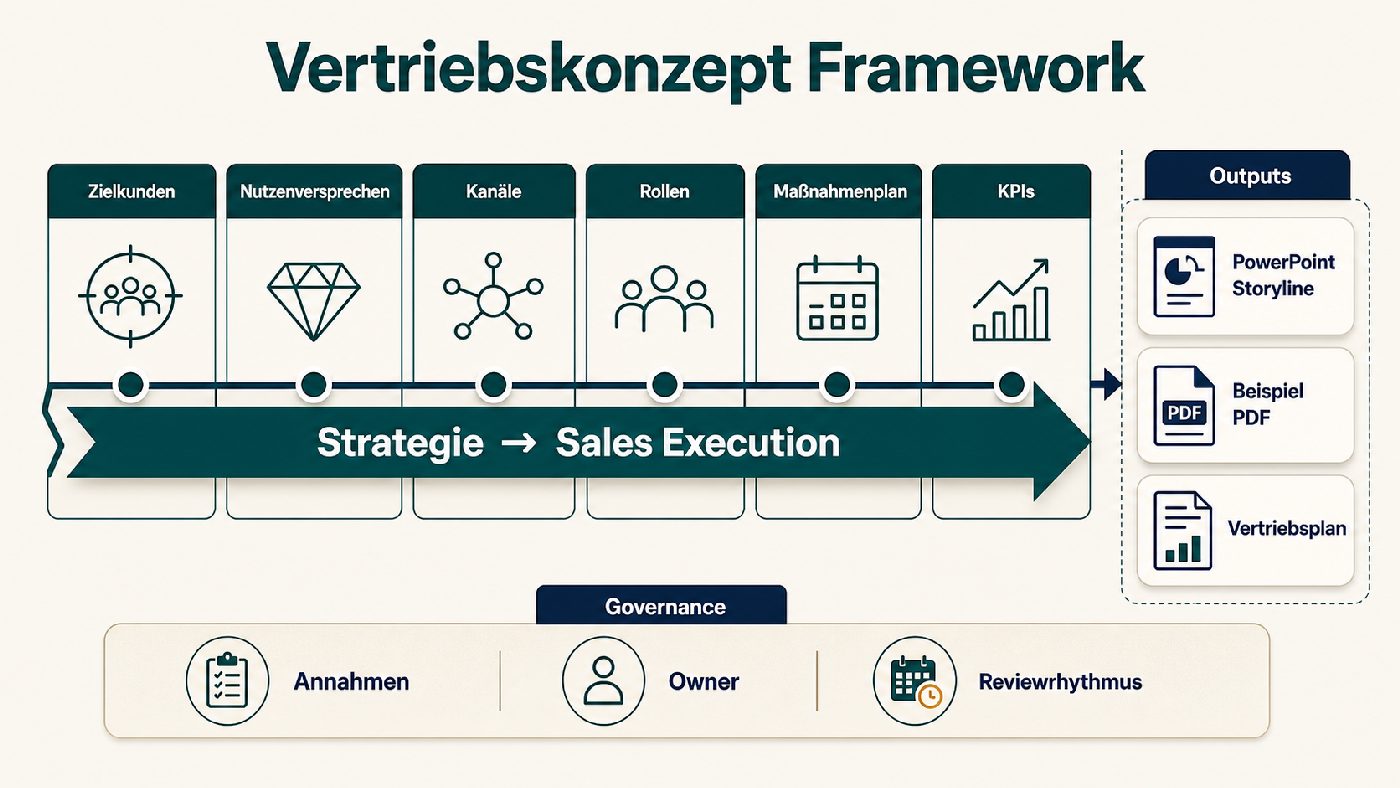 Vertriebskonzept Framework von Zielkunden und Nutzenversprechen bis Maßnahmenplan, KPIs und Governance.