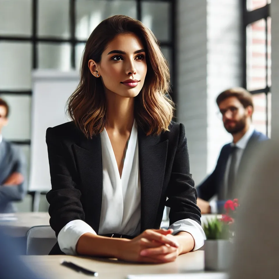 Young businesswoman in black blazer and white shirt sitting at a table, listening attentively, with blurred male colleagues in the background in a modern office setting.
