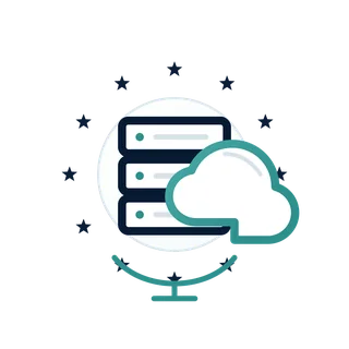 Symbolische Darstellung eines Servers und einer Cloud mit Sternen im Hintergrund