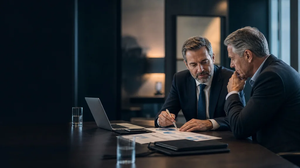 Zwei ältere Männer in Anzügen sitzen an einem Tisch und besprechen Dokumente. Auf dem Tisch steht ein Laptop, zwei Gläser Wasser und mehrere Papiere mit Diagrammen.